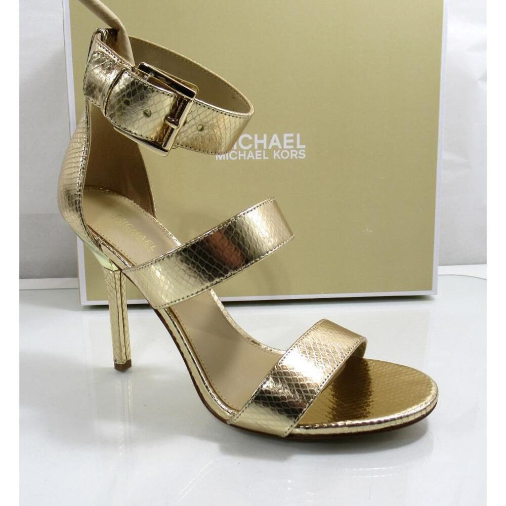 Michael Kors Amal Ankle Strap Sandal High Heel Metallic Leather Pale Gold Size 8 - Picture 2 of 9